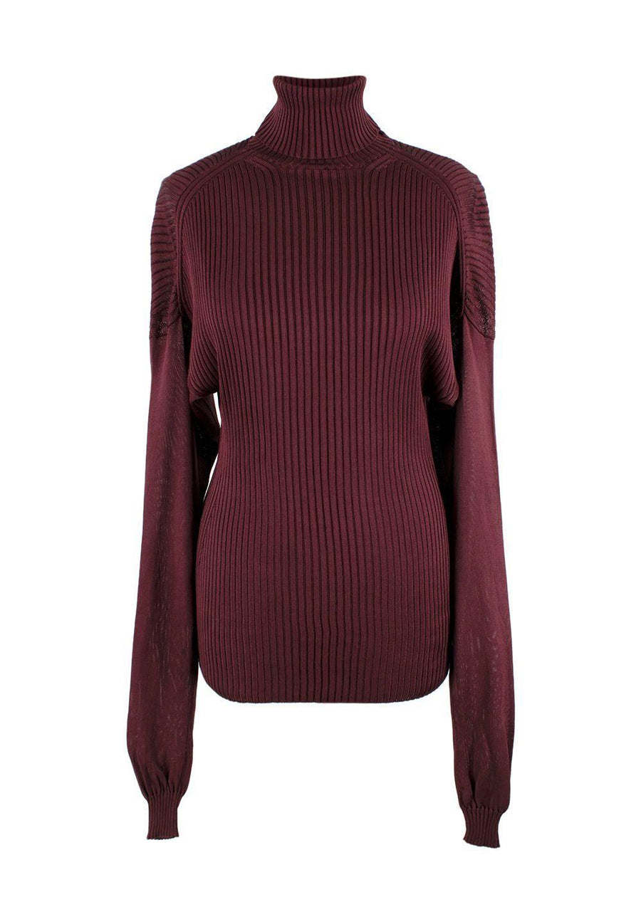 Bottega Veneta Burgundy Long Sleeve Ribbed Turtleneck Top