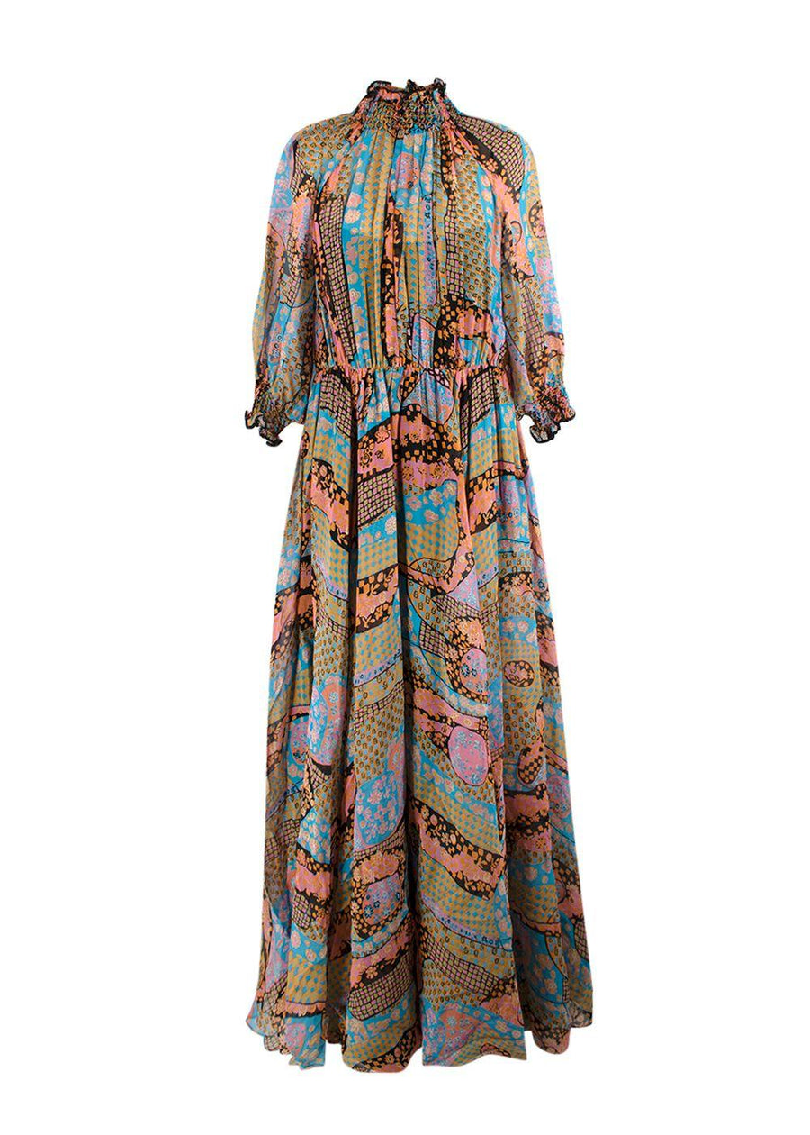 Dior Multicolour Patterned Pleated Silk Maxi Dress