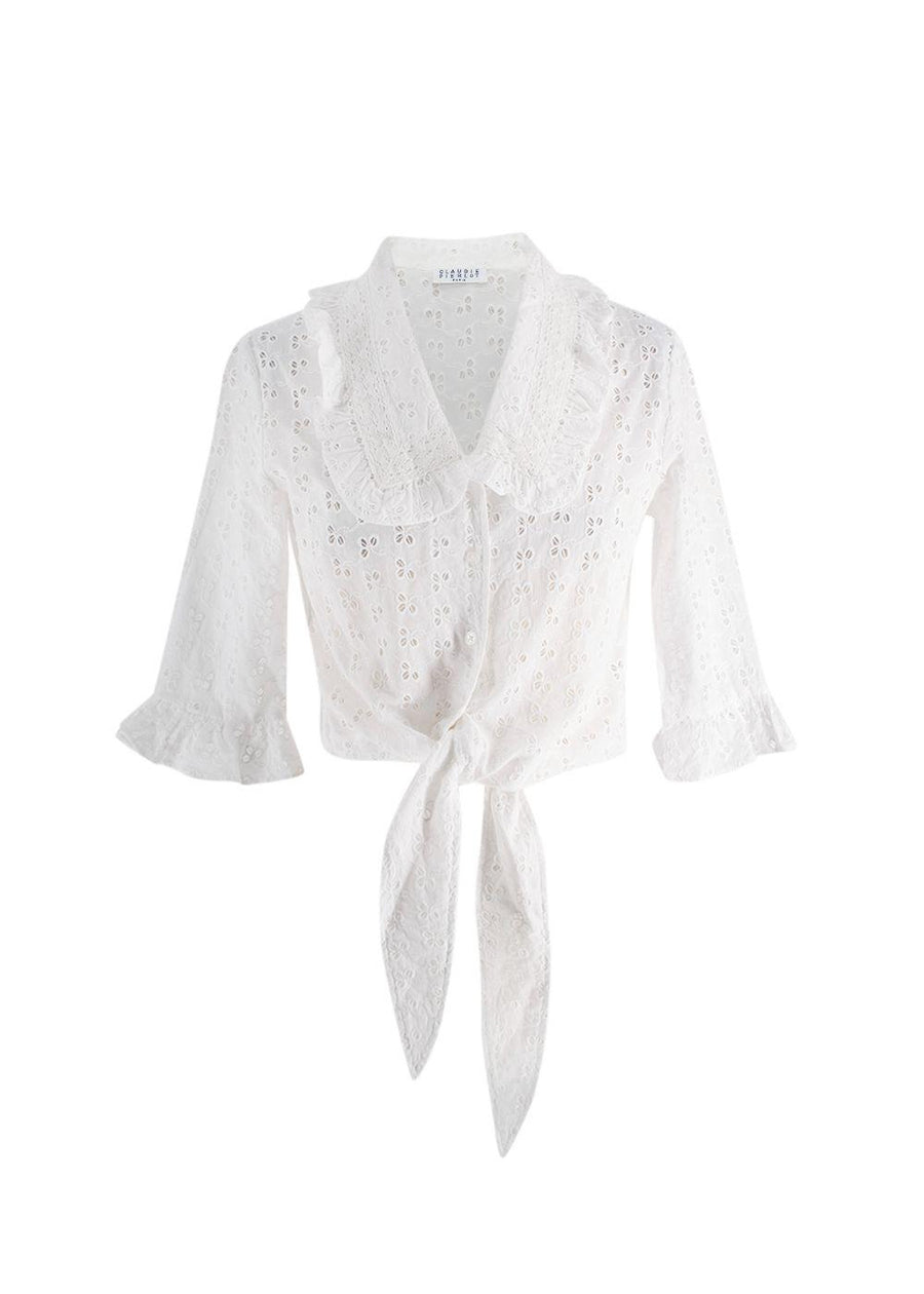 Claudie Pierlot White Bajou Embroidered Tie Front Blouse