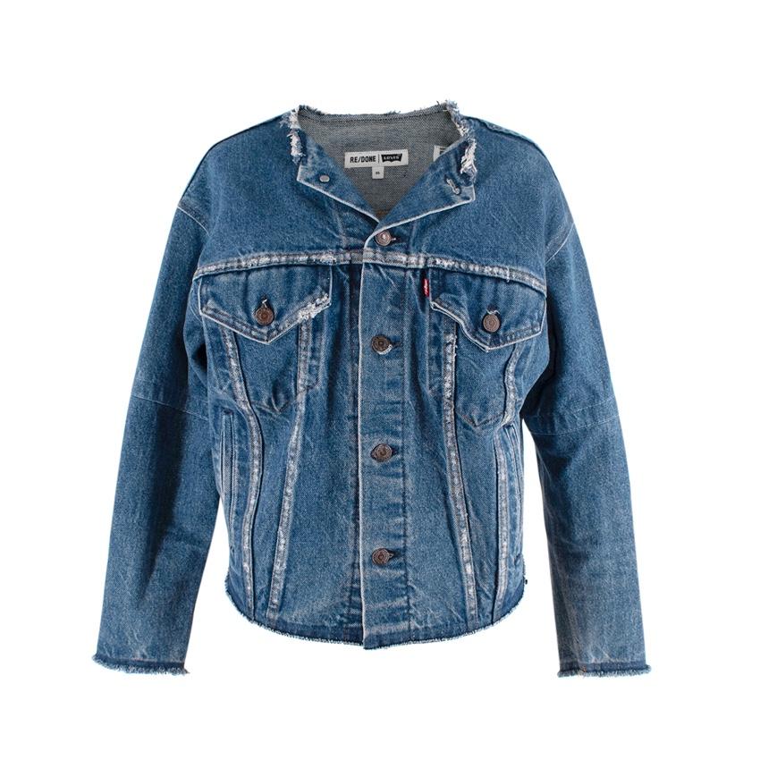 RE/DONE Levis Mid-Wash Distressed Collarless Denim Jacket