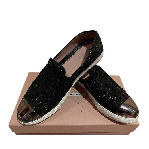 Miu Miu Black Metallic Silver Toe Cap Slip-On Trainers