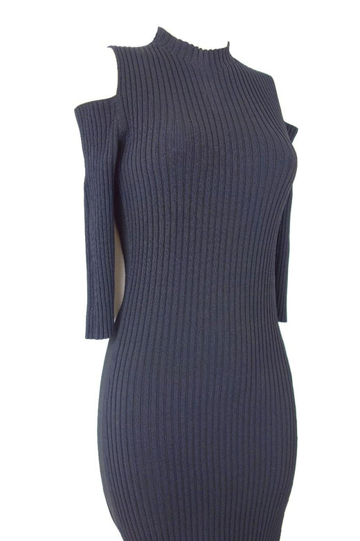 Maje Black Ribbed Knit Cold Shoulder Dress