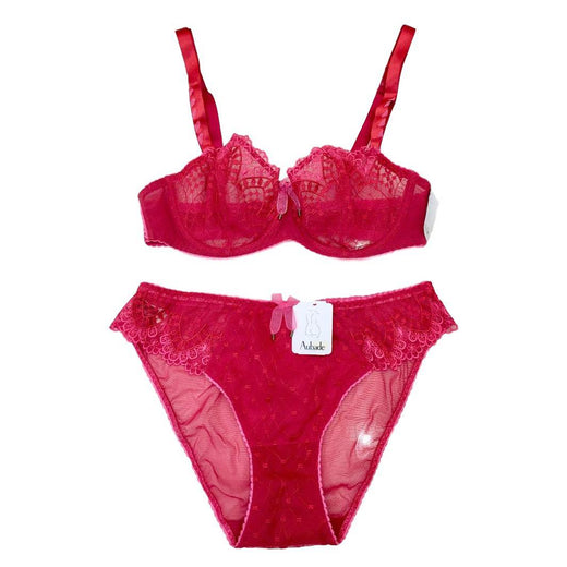 Aubade Paris Embroidered Rose Red & Fuchsia Pink Bra & Brief Set