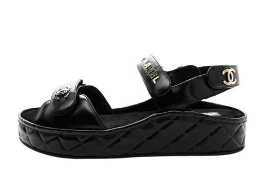 Chanel Black Leather Wedge Sandals