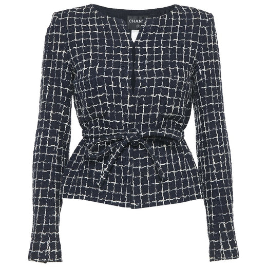 Chanel Navy Blue and White Windowpane Cotton Tweed Jacket
