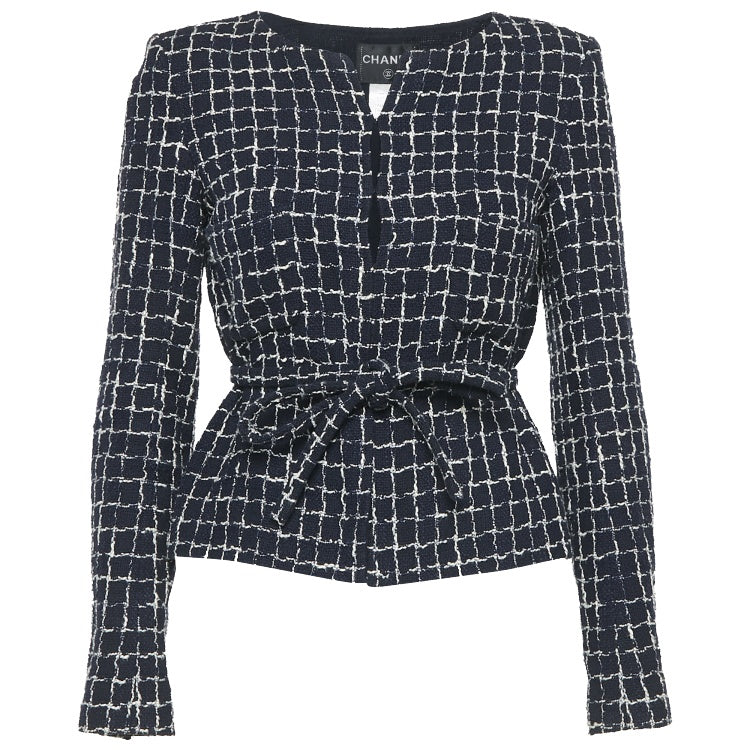 Chanel Navy Blue and White Windowpane Cotton Tweed Jacket