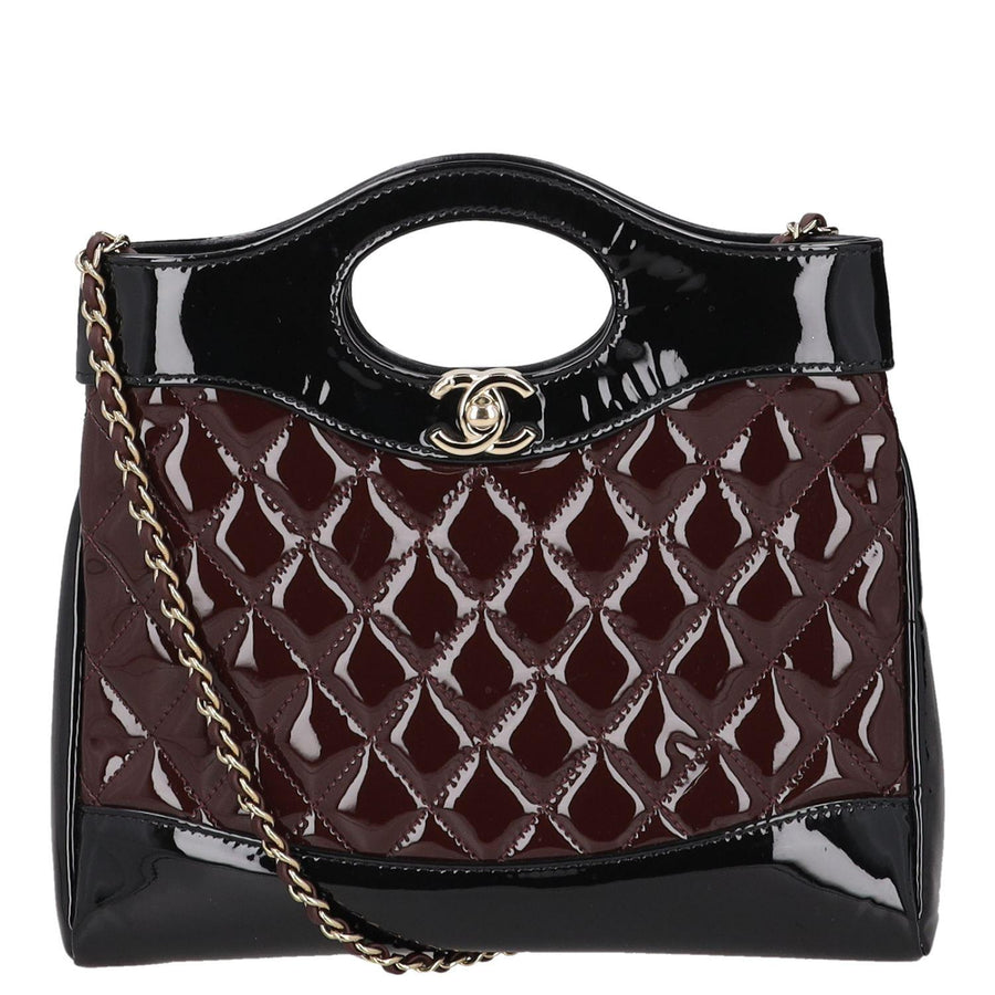 Chanel Burgundy and Black Patent Leather with Quilted Pattern Shoulder Bags