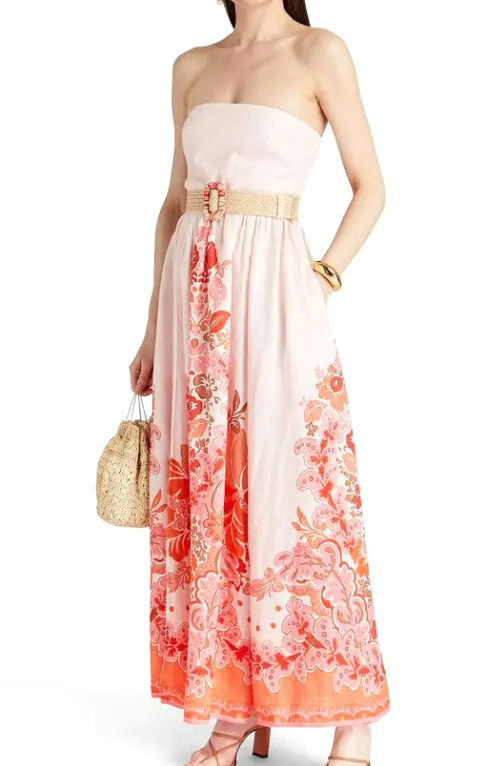 Zimmermann Strapless Belted Printed Linen Maxi Dress