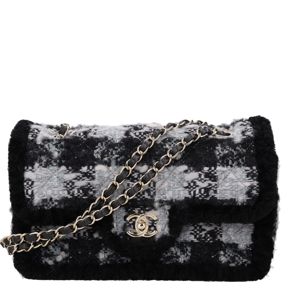 Chanel Tweed Shearling Flap Bag 18x28 Cms Multicolor (black And Gray) With Accents Clutch