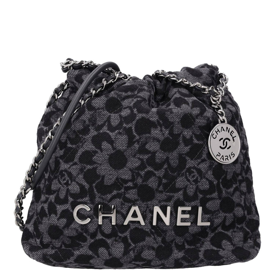 Chanel Denim Quilted Floral Print Mini 22 Black Cotton Shoulder Bags