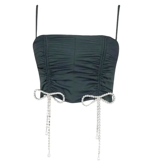 AREA Crystal Bow Ruched Crop Top