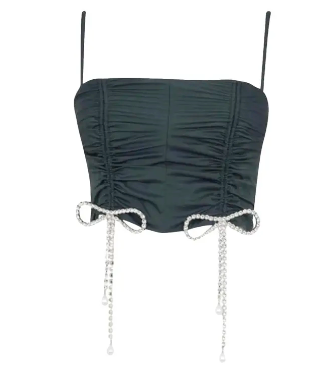 AREA Crystal Bow Ruched Crop Top