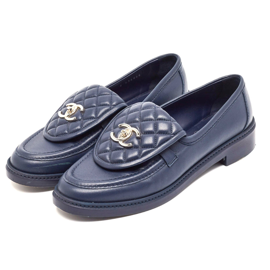 Chanel Navy Leather Flat Shoes 38,5