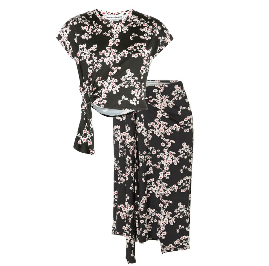 Rabanne Side-Knot Sakura-Print Top and Skirt