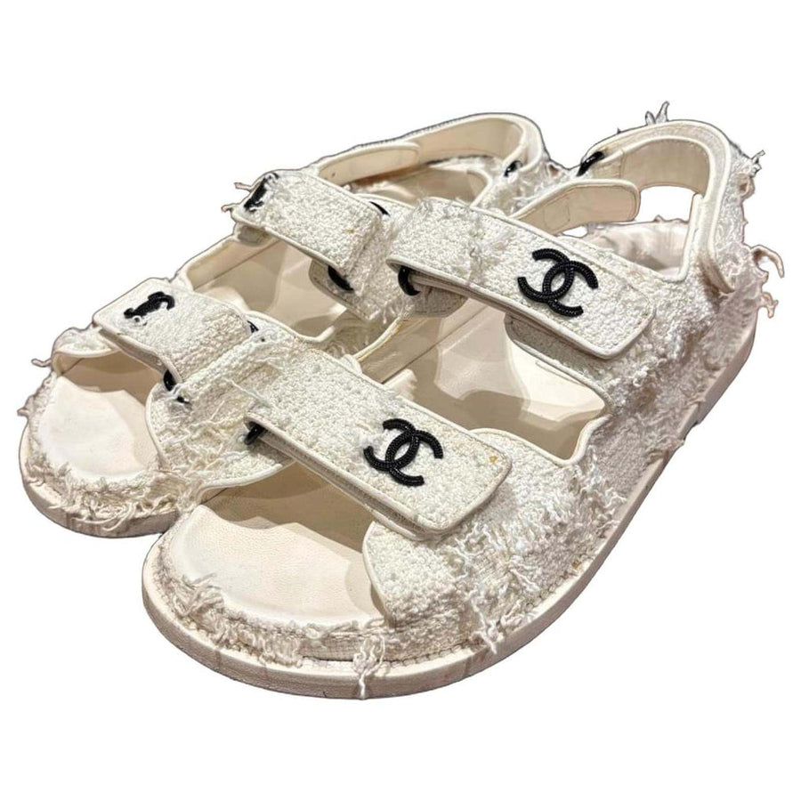 Chanel White Textile with frayed edges, rubber sole Sandals
