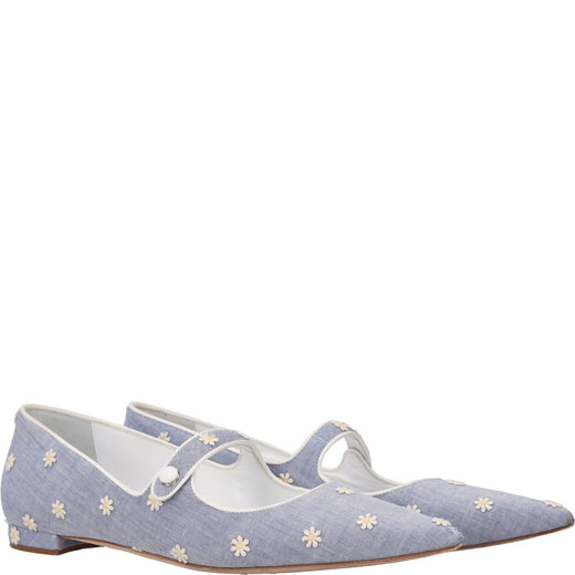 Manolo Blahnik Campari Chambray Daisy Pointed Toe Mary Jane Flat