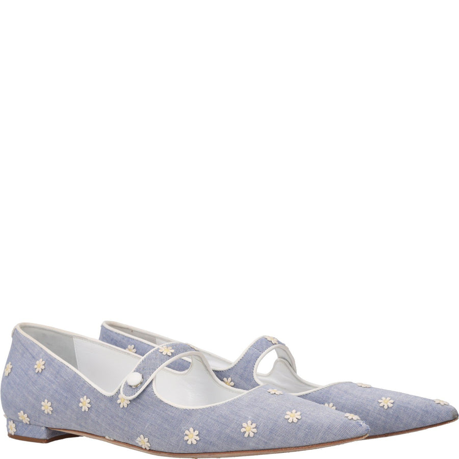 Manolo Blahnik Campari Chambray Daisy Pointed Toe Mary Jane Flat