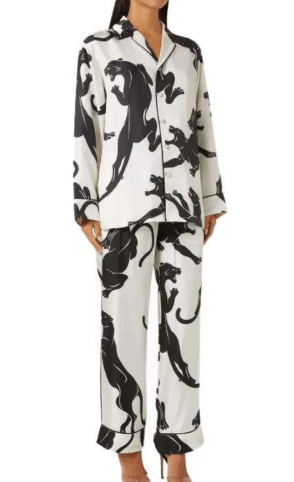 Olivia von Halle Yves Romain Panther Long Pyjama Set in Silk Twill