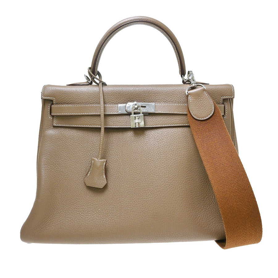 Hermes Kelly Etoupe Clemence With Palladium Hardware Beige Calfskin Bag