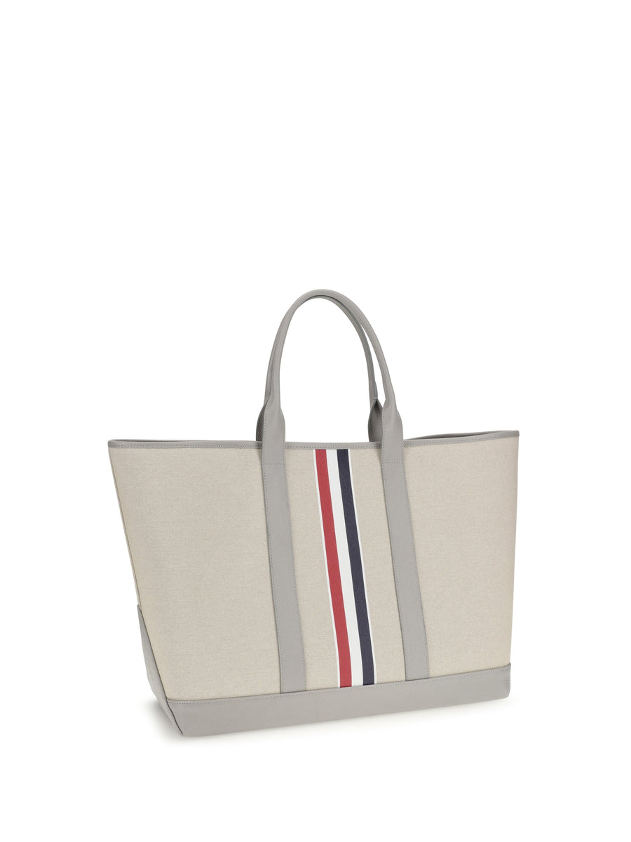Thom Browne Striped Web Detail Canvas Tote Bag — Gray Fabric