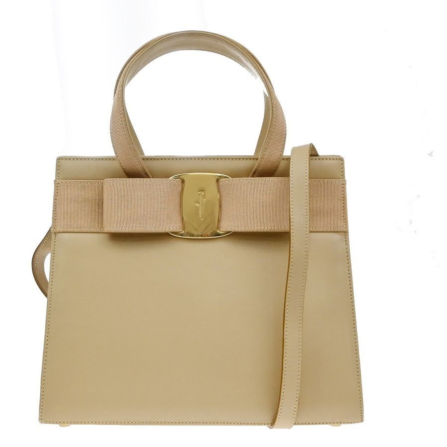 Salvatore Ferragamo Convertible Vara Bow Leather Beige Bag