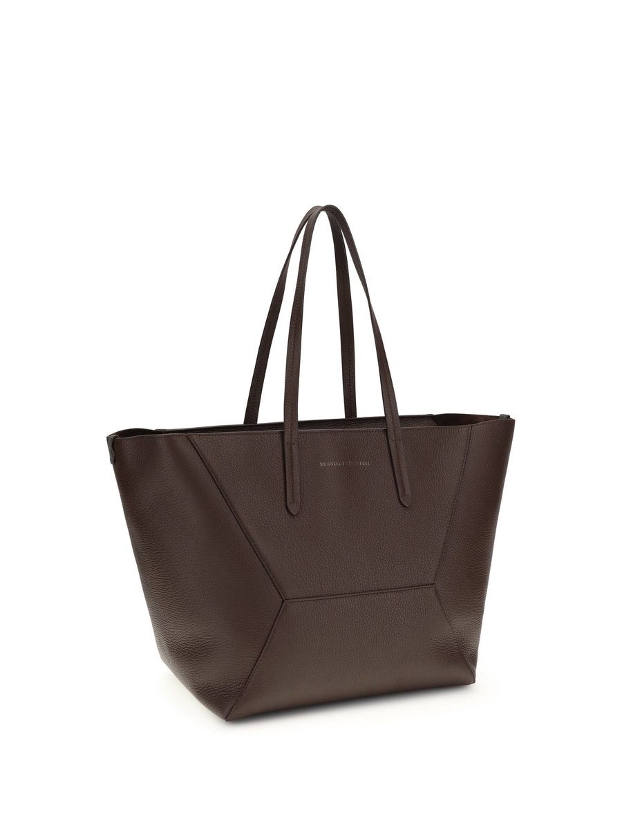 Brunello Cucinelli Hammered Calf Leather Tote Bag — Brown