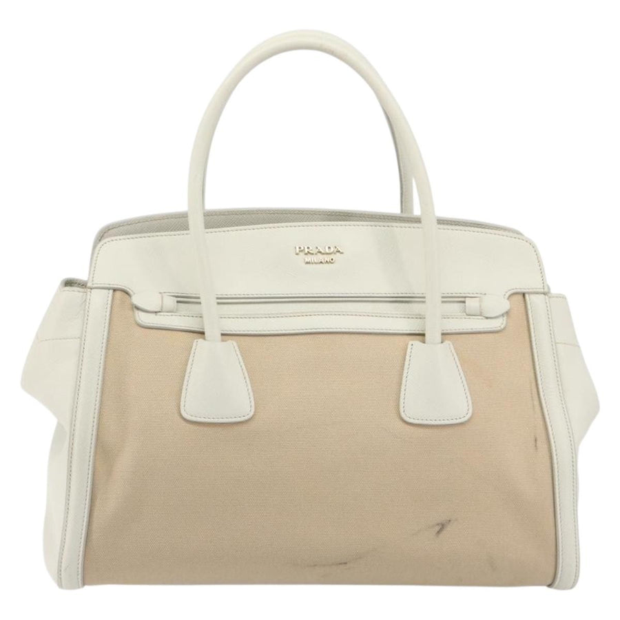 Prada Cuir Frame Convertible Canvas And Saffiano Leather Beige Bag
