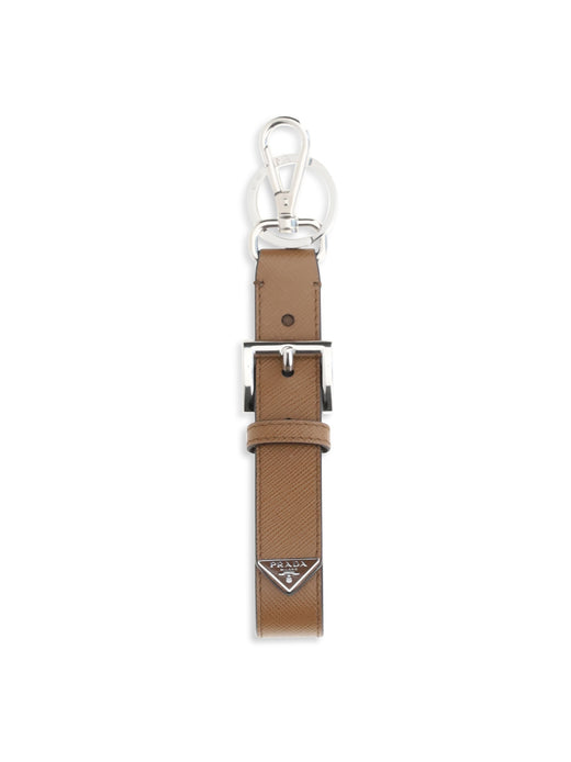 Prada Saffiano Leather Triangle Logo Key Case — Beige Calf Bos Taurus Keychains