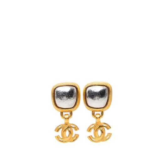 CC Gold Plated Square Silver Stone Drop Clip On Earrings - Image 1