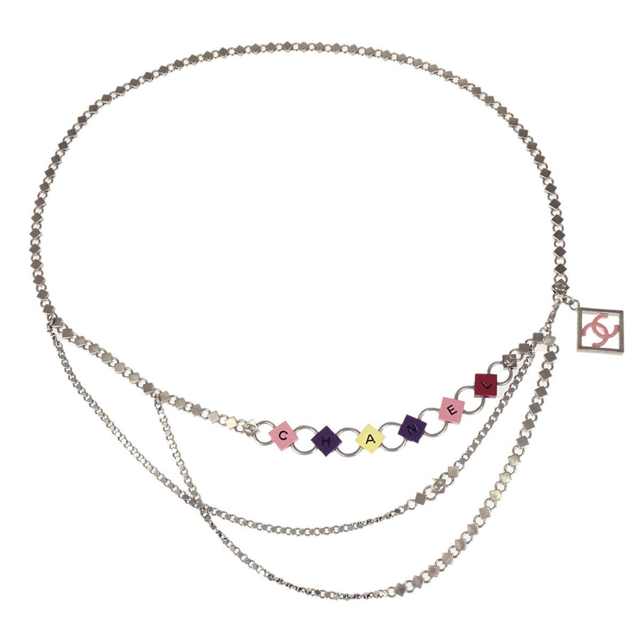 Chanel Logo Charm Chain Belt Metal Silver Silver_plated