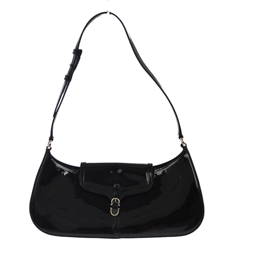 Salvatore Ferragamo Vintage Gancini Hobo Leather Black Patent_leather