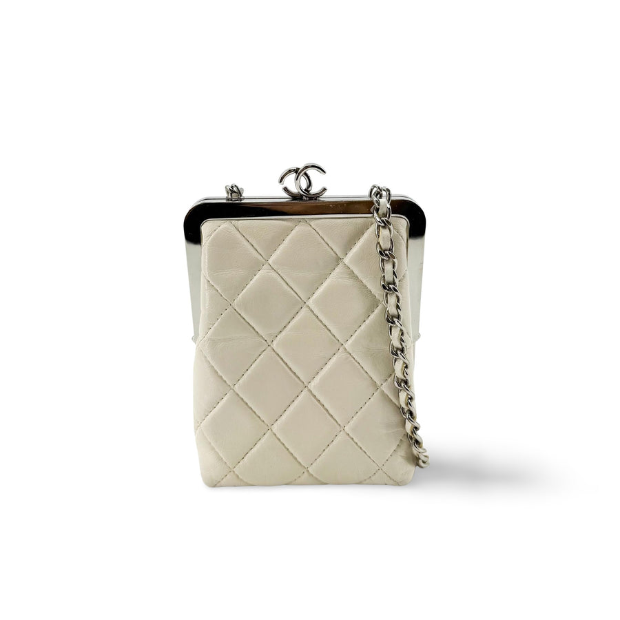 Chanel Cc Frame Clutch With Chain Quilted Lambskin And Plexiglass Beige Leather