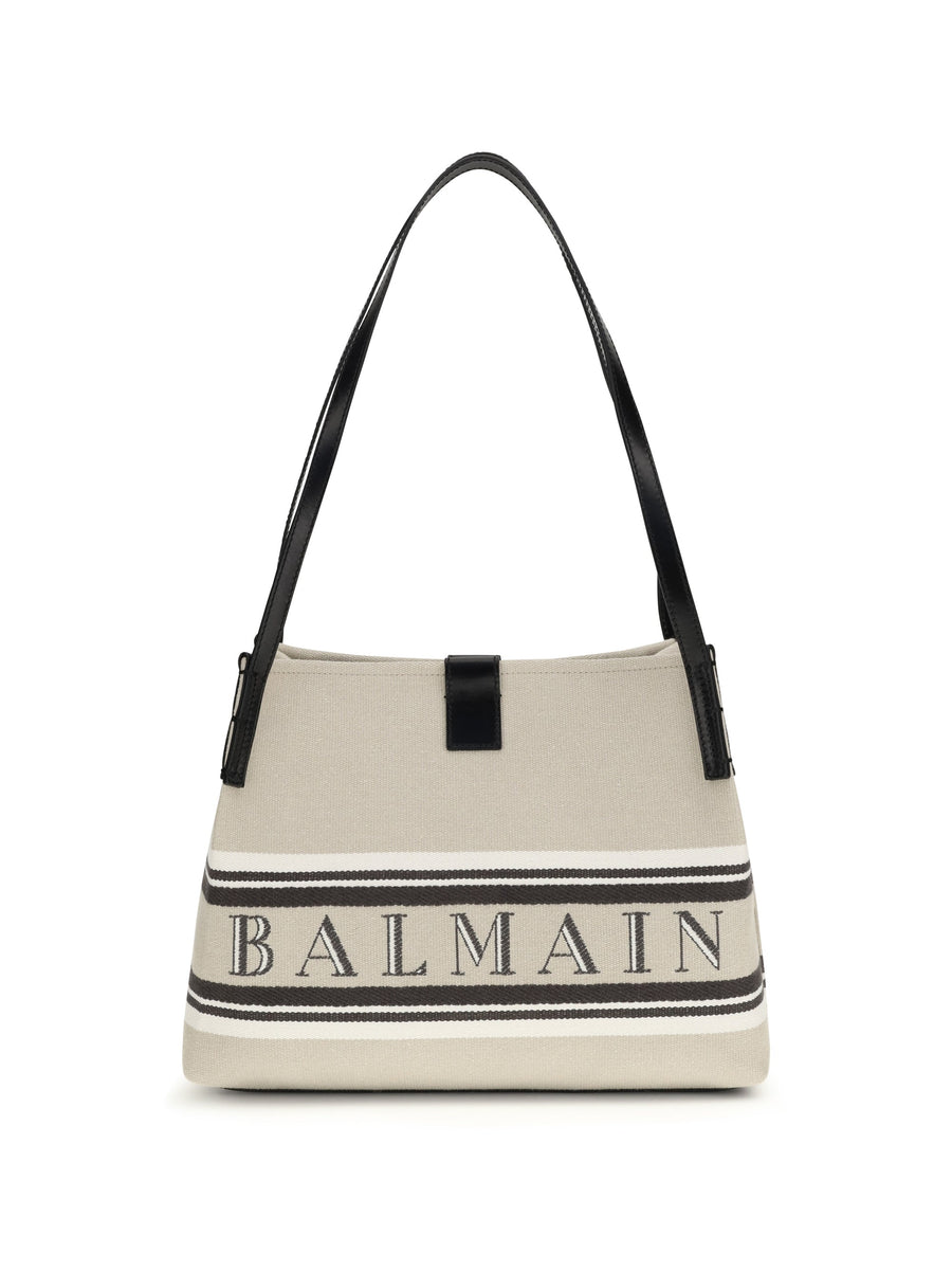 Balmain Canvas Jacquard Logo Shoulder Bag — Beige Cotton; Polyester