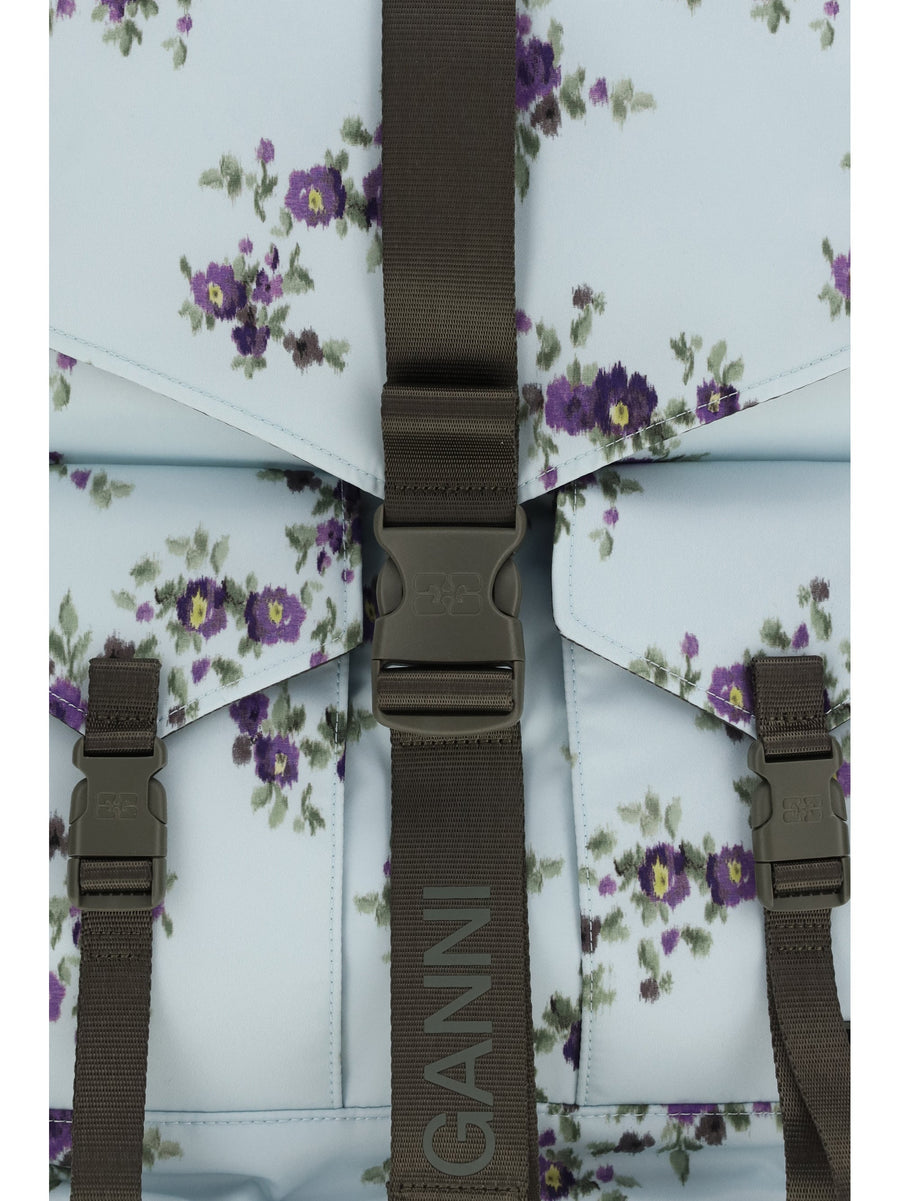Ganni Floral-Print Re-Tech Nylon Backpack — Blue Polyester Hand Bags