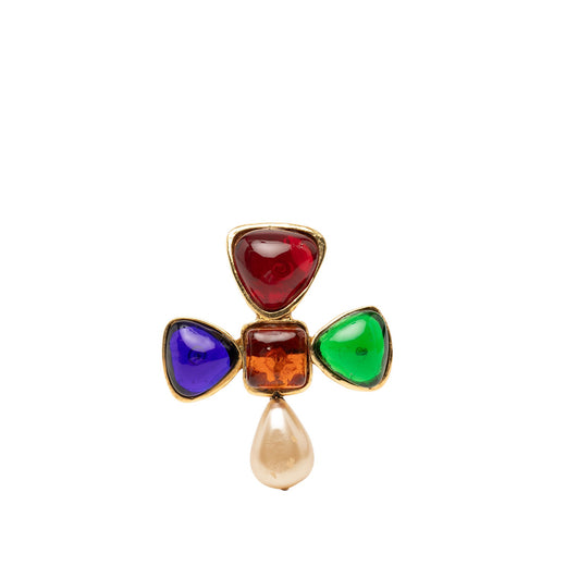 Gold Plated Multicolored Gripoix and Faux Pearl Pin Brooch - Image 1