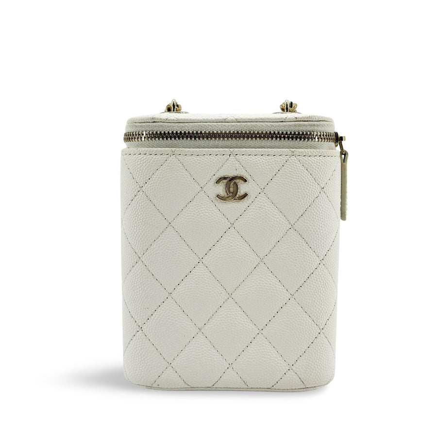 Chanel Vertical Classic Vanity Case With Chain Quilted Caviar White Calfskin Bag