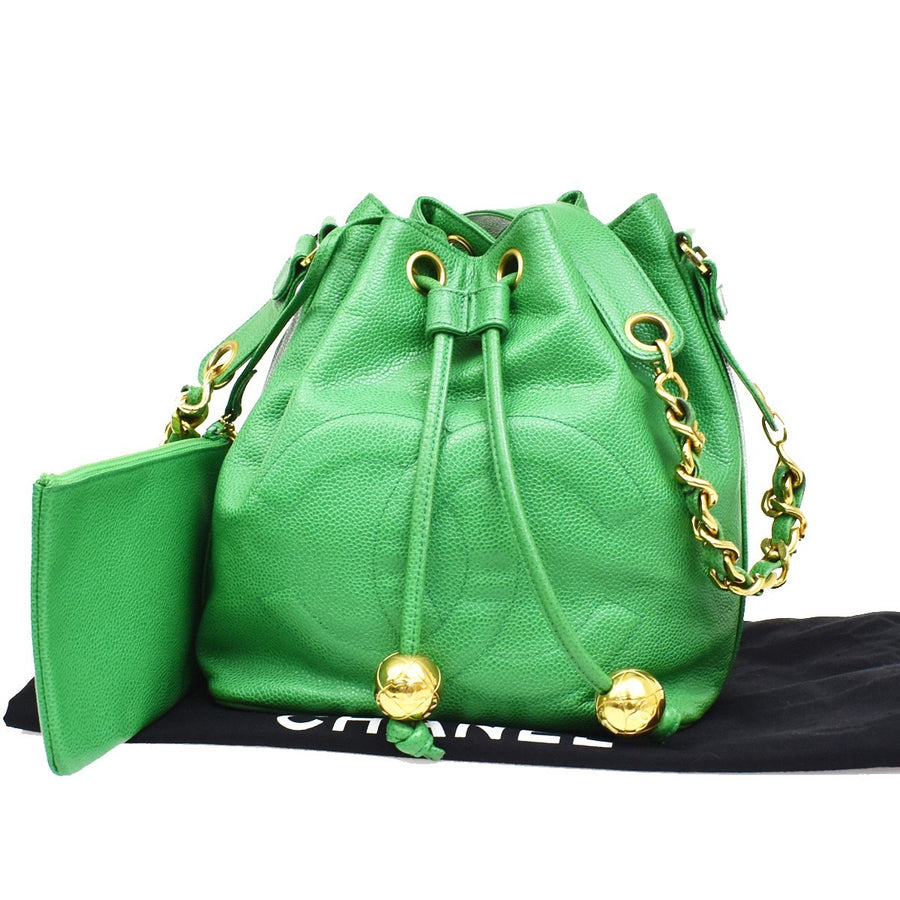 Chanel Vintage Cc Chain Drawstring Lambskin Green Calfskin Bag