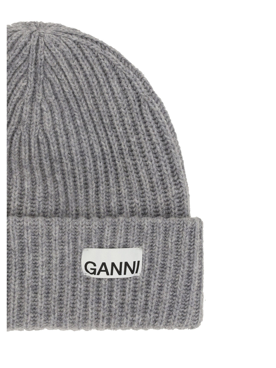 Ganni A4429 Ribbed Wool Beanie — Gray Beanies