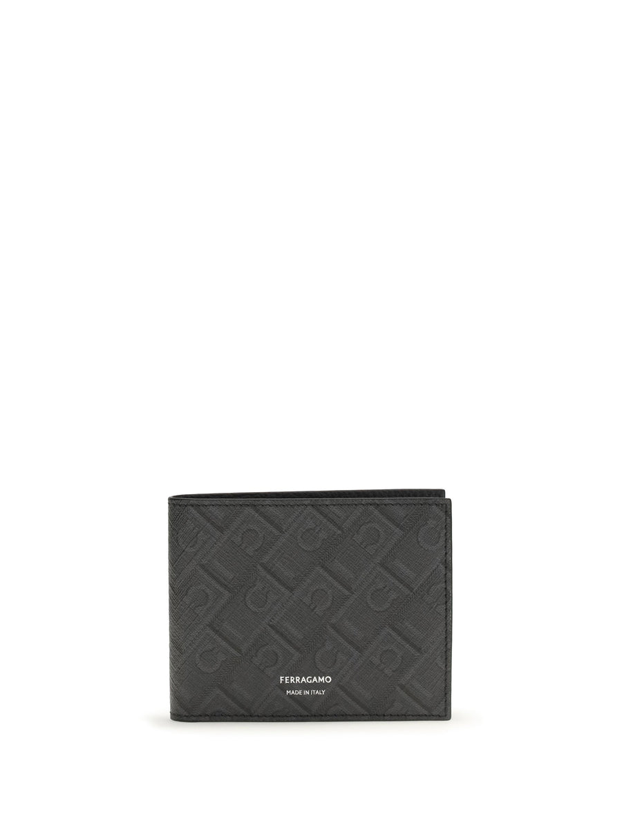 Ferragamo Monogram Patterned Calfskin Wallet — Gray Calf Leather Bos Taurus
