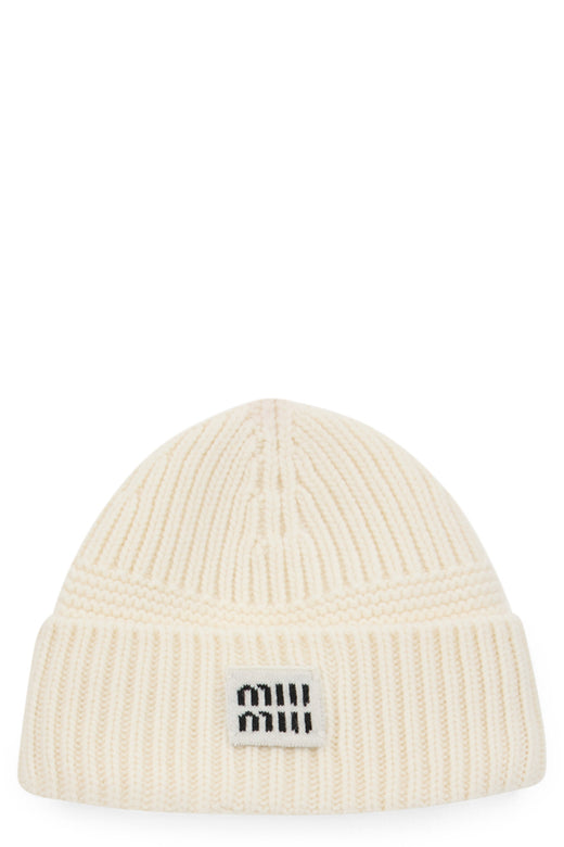 Miu Miu 5hc539 Logo-Embroidered Ribbed Knit Beanie — White Virgin Wool Beanies