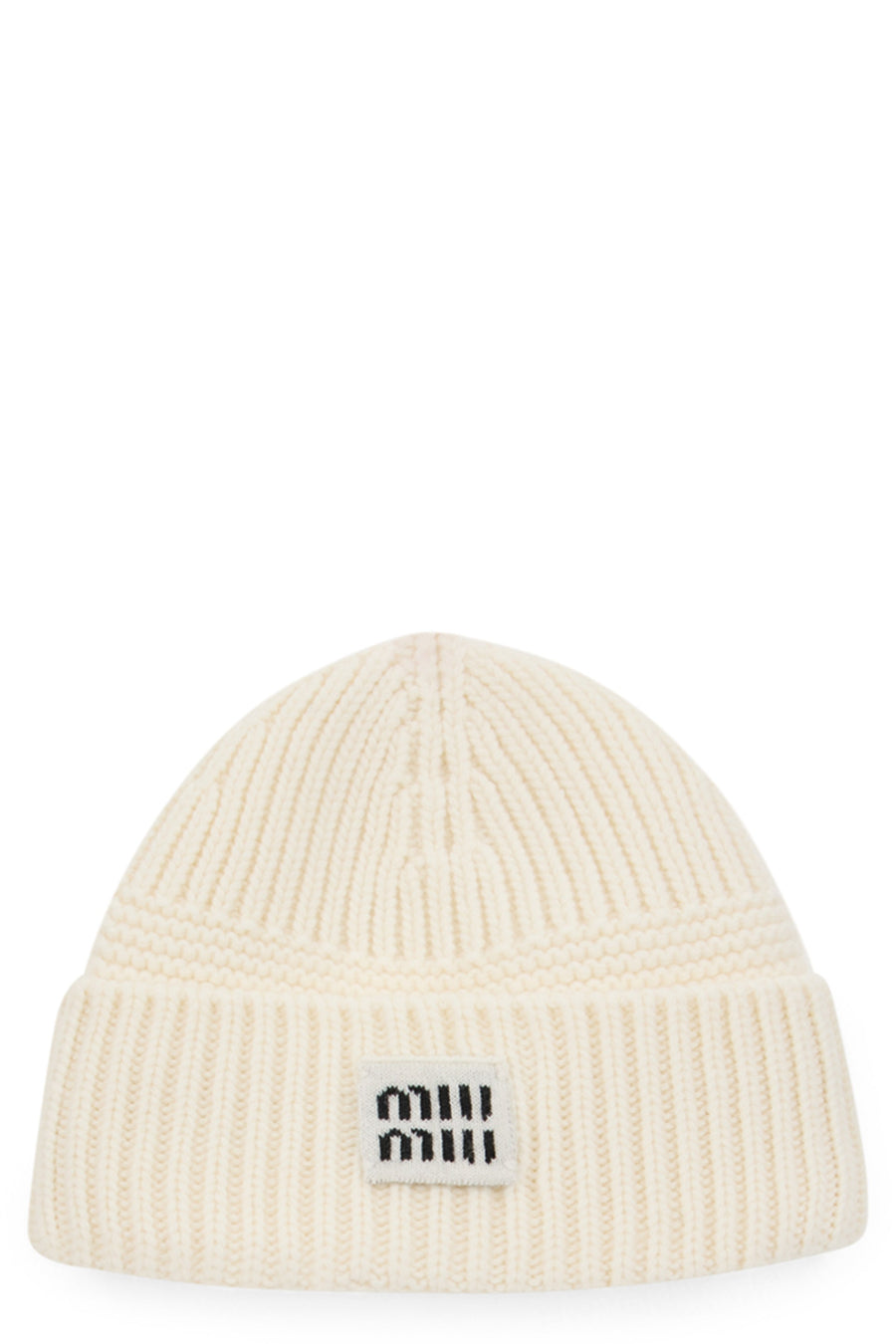 Miu Miu 5hc539 Logo-Embroidered Ribbed Knit Beanie — White Virgin Wool Beanies