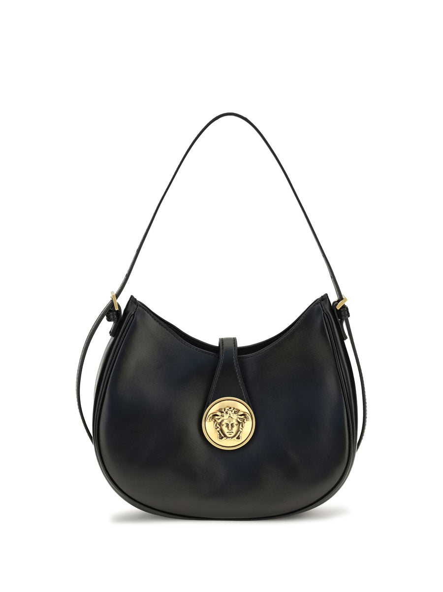 Versace Gold-Tone Medusa Plaque Shoulder Bag — Black Calf Leather Bos Taurus