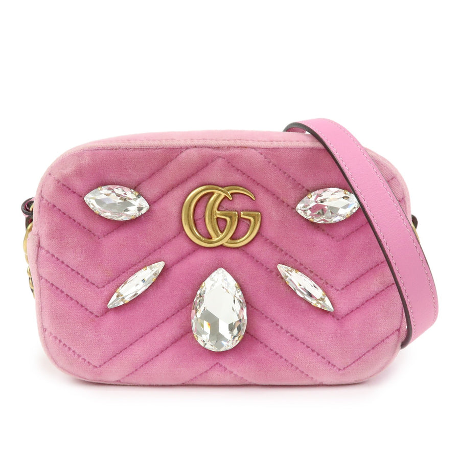 Gucci Gg Marmont Crystal Embellished Matelasse Velvet Pink Bag