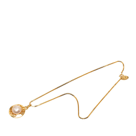 Gold Plated Faux Pearl Logo Round Pendant Necklace - Image 1
