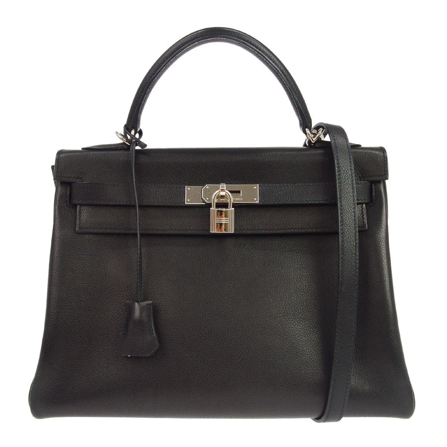 Hermes Kelly Black Evercalf With Palladium Hardware Leather Bag
