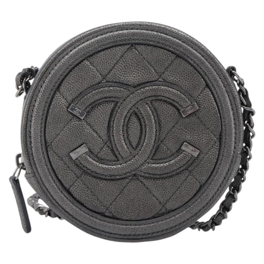 Chanel Filigree Round Clutch With Chain Quilted Iridescent Caviar Gray Leather