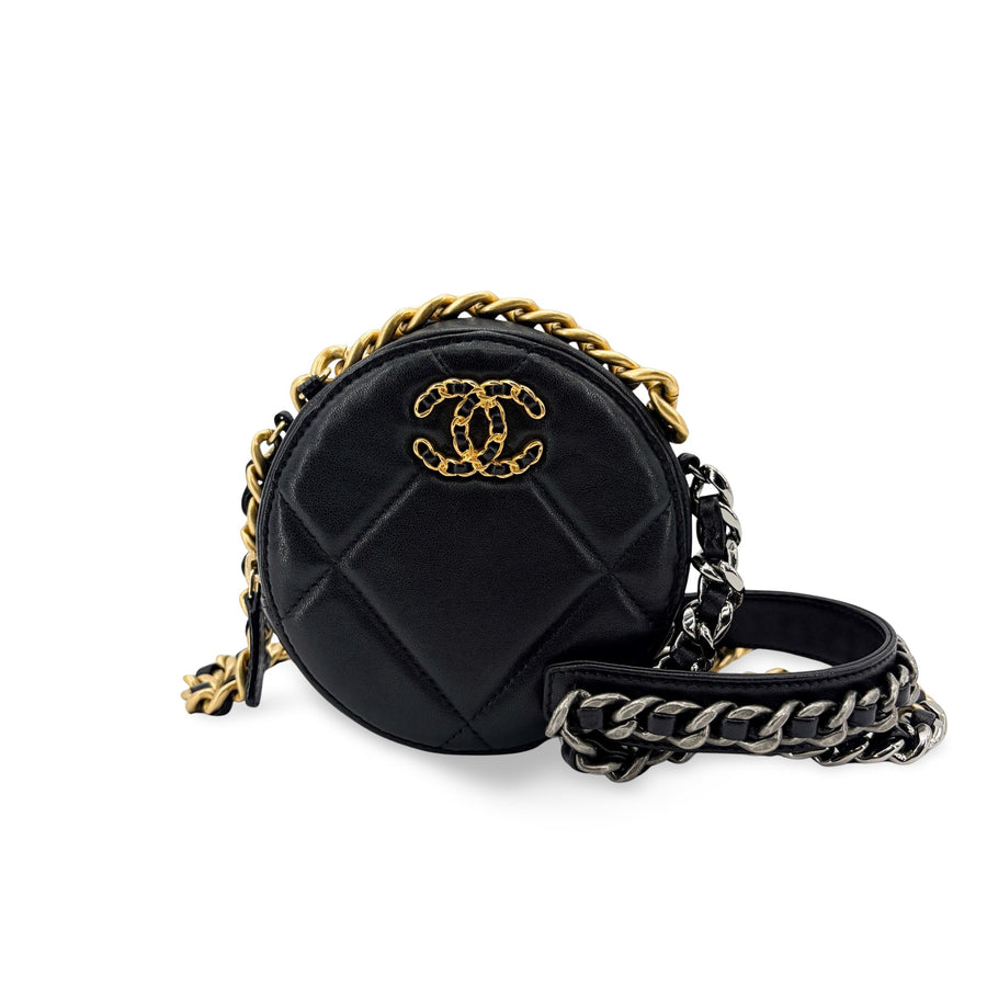 Chanel 19 Round Clutch With Chain Quilted Leather Black