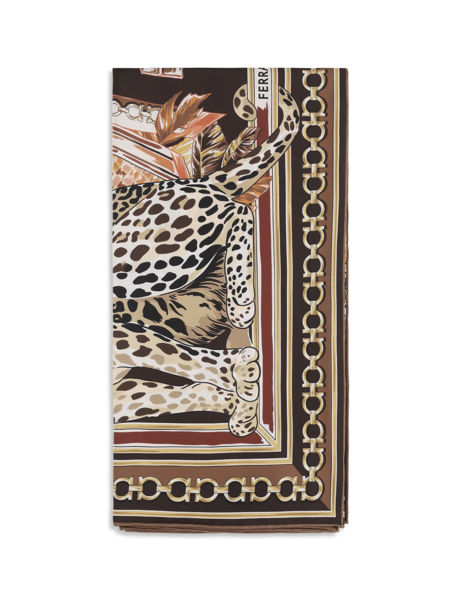 Ferragamo Leopard-Print Silk Scarf — Brown Scarfs