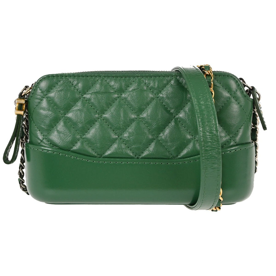 Chanel Gabrielle Double Zip Clutch With Chain Quilted Goatskin And Patent Green Leather