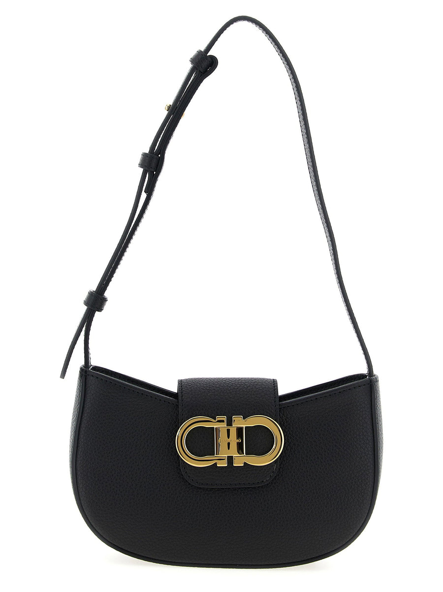 Ferragamo Gancini Logo Hammered Leather Shoulder Bag — Black